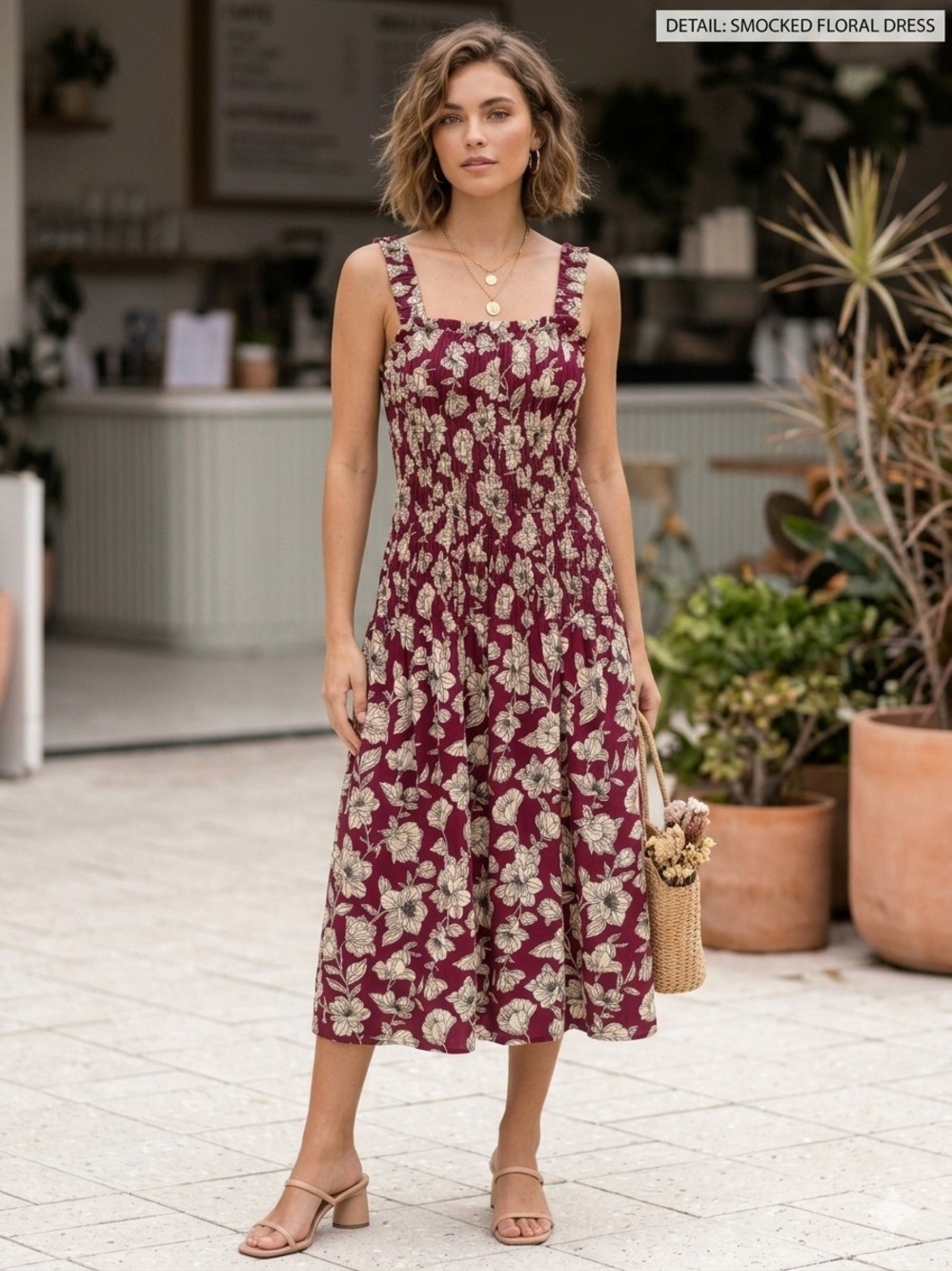 NWT Free Assembly Burgundy Smocked Bodice Floral Midi Dress Size Medium